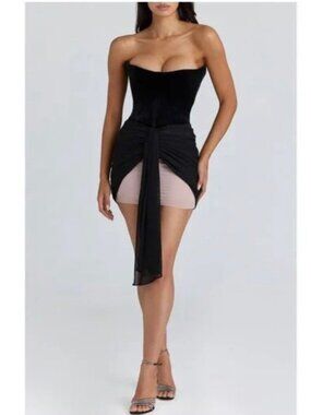 House of CB Clara Velvet Chiffon Mini Dress Black L+ Cocktail Party